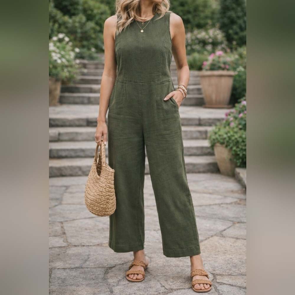 Loft Olive Green Wide Leg Sleeveless Jumpsuit